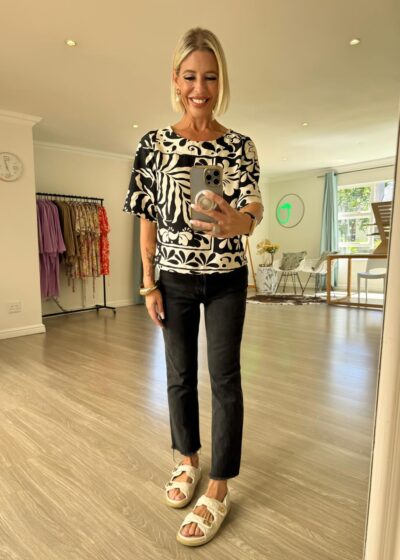 Round Boatneck Top - Black & Cream Island print