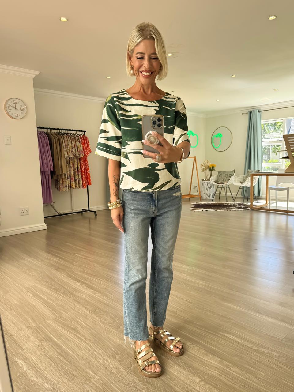 Round Boatneck Top - Green Palm Leaf print - Image 4