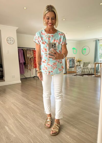 Woven Tee - Sky Cherry Blossom print