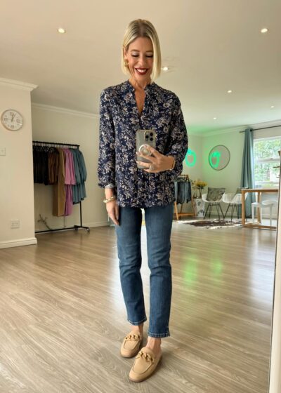Mandarin Blouse - Navy Ditzy Floral print