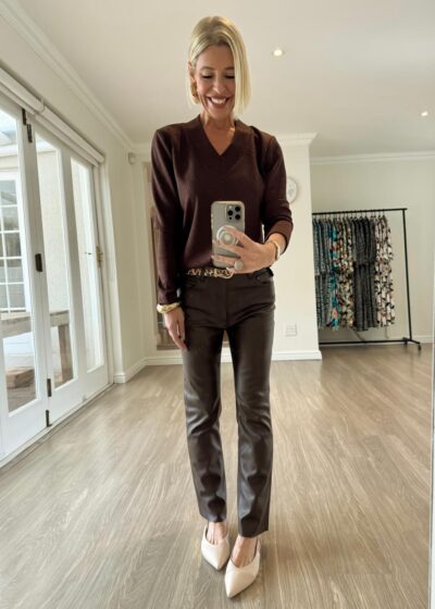 V-neck Top - Brown Jacquard Knit