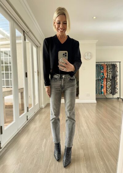 V-neck Top - Black Jacquard Knit