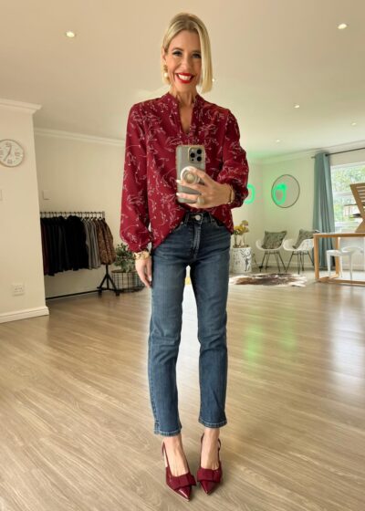 Mandarin Blouse - Burgundy Line Floral print